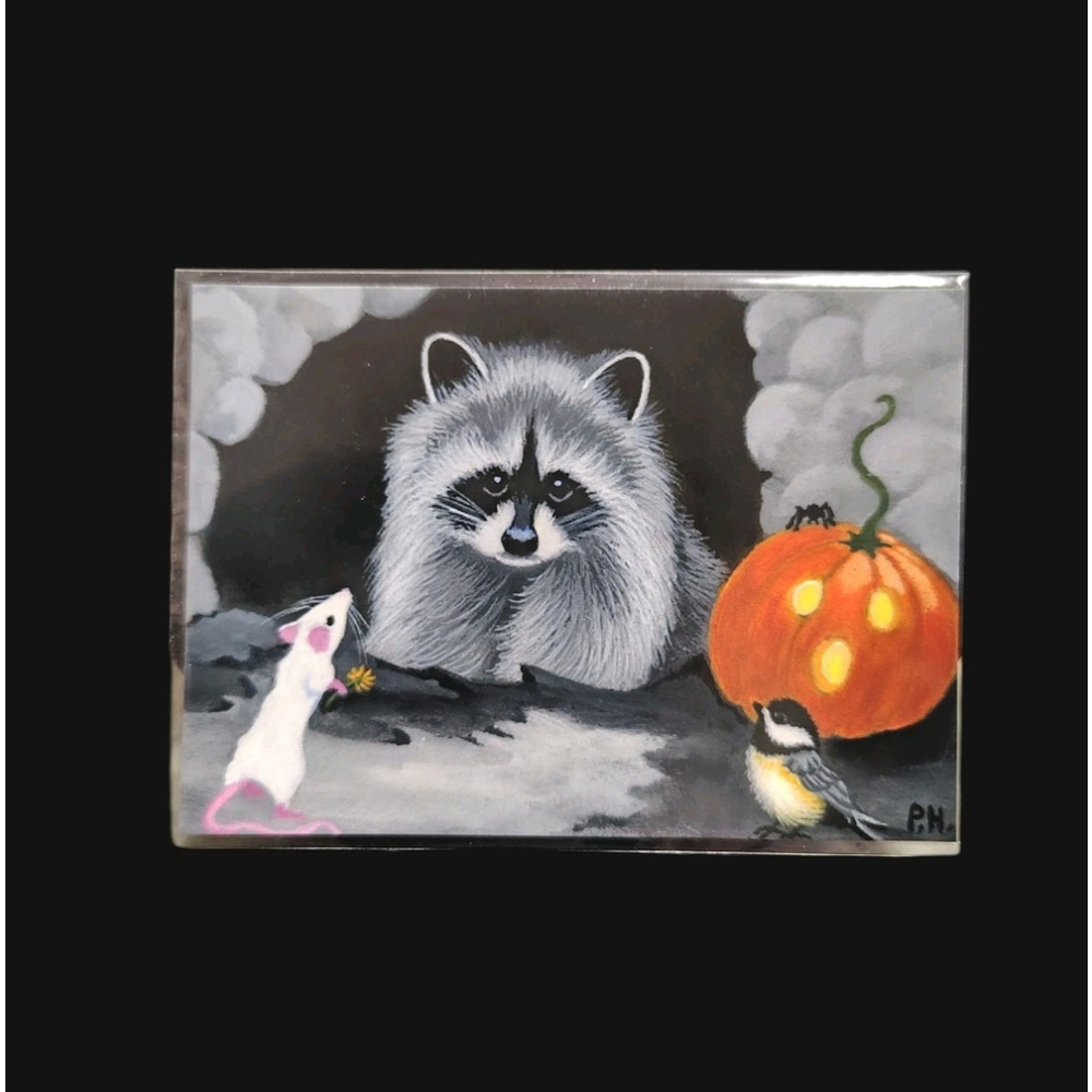 ACEO phyllis hartley O.E. Print racoon Halloween"trick or treat" 2016 signed